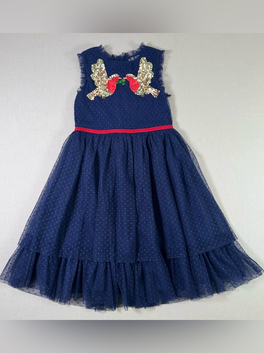 Mini Boden Navy Tulle Christmas Party Dress with Gold Sequin Robins